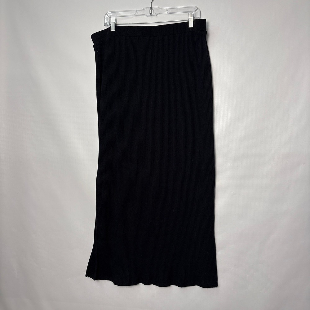 Old Navy Black Ribbed Midi Skirt XL Elastic Waist Cotton Blend Side Slit